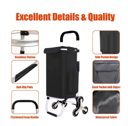 Black foldable shopping trolley bag with aluminium frame, detachable polyester bag and 20cm casters