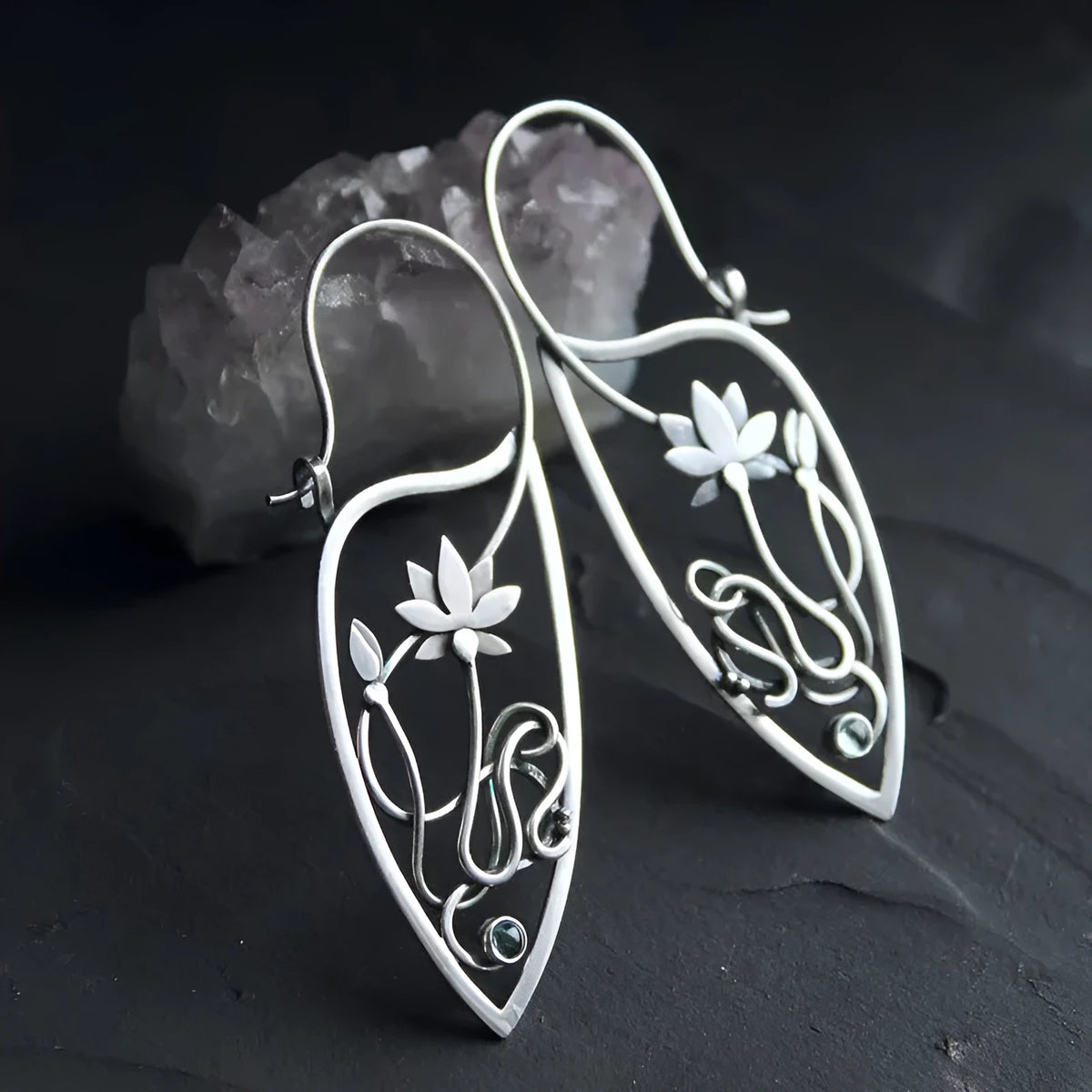 Silver lotus vine and geometric shape drop earrings with rhinestone accents