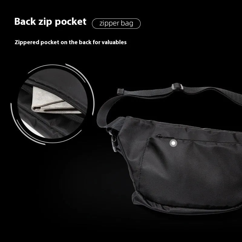 Black men's Japanese leisure slanted chest bag with visible sewing lines on Oxford fabric