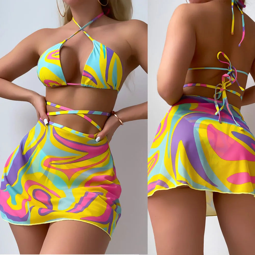 Yellow striped halter lace-up swimsuit with matching skirt and shorts set