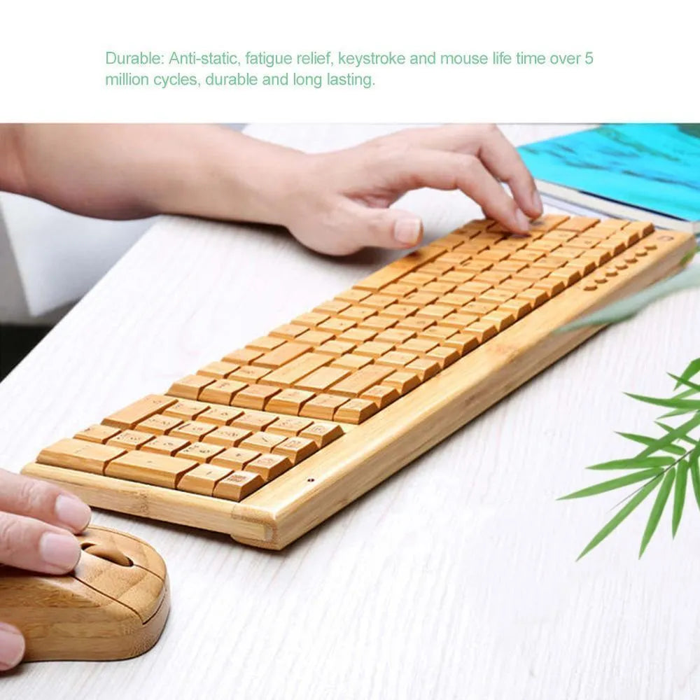 Bamboo wireless keyboard and mouse set, keyboard 400x135x25mm, mouse 94x65x35mm, natural bamboo shell