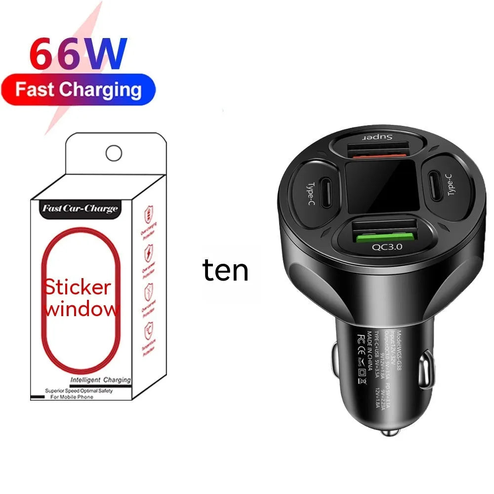 66W car charger with digital display showing 2 USB and 2 Type-C ports