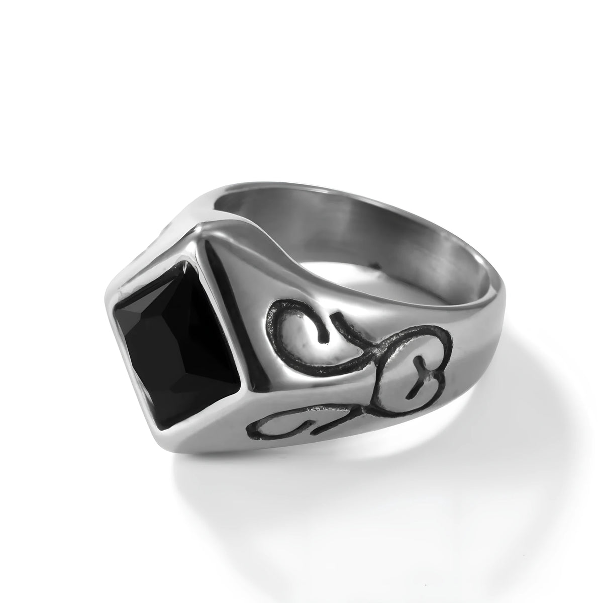 Twisted stainless steel ring with polished finish and retro leaf style, shown in Picture Color