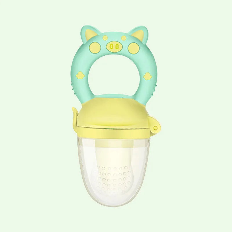 Soft silicone baby teether in blue colour with textured mouthpiece for chewing
