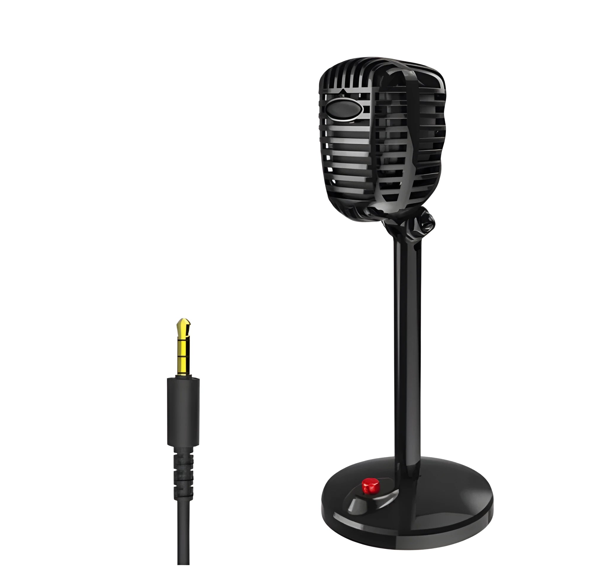 Black USB computer microphone on a weighted stand with an adjustable neck and long cable.