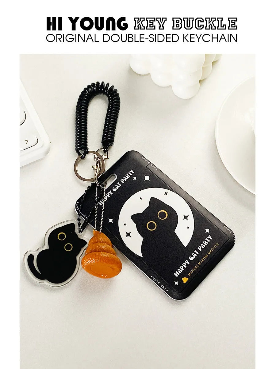 Plastic card holder sleeve with a detachable cute black cat pendant, designed for student IDs and travel cards.