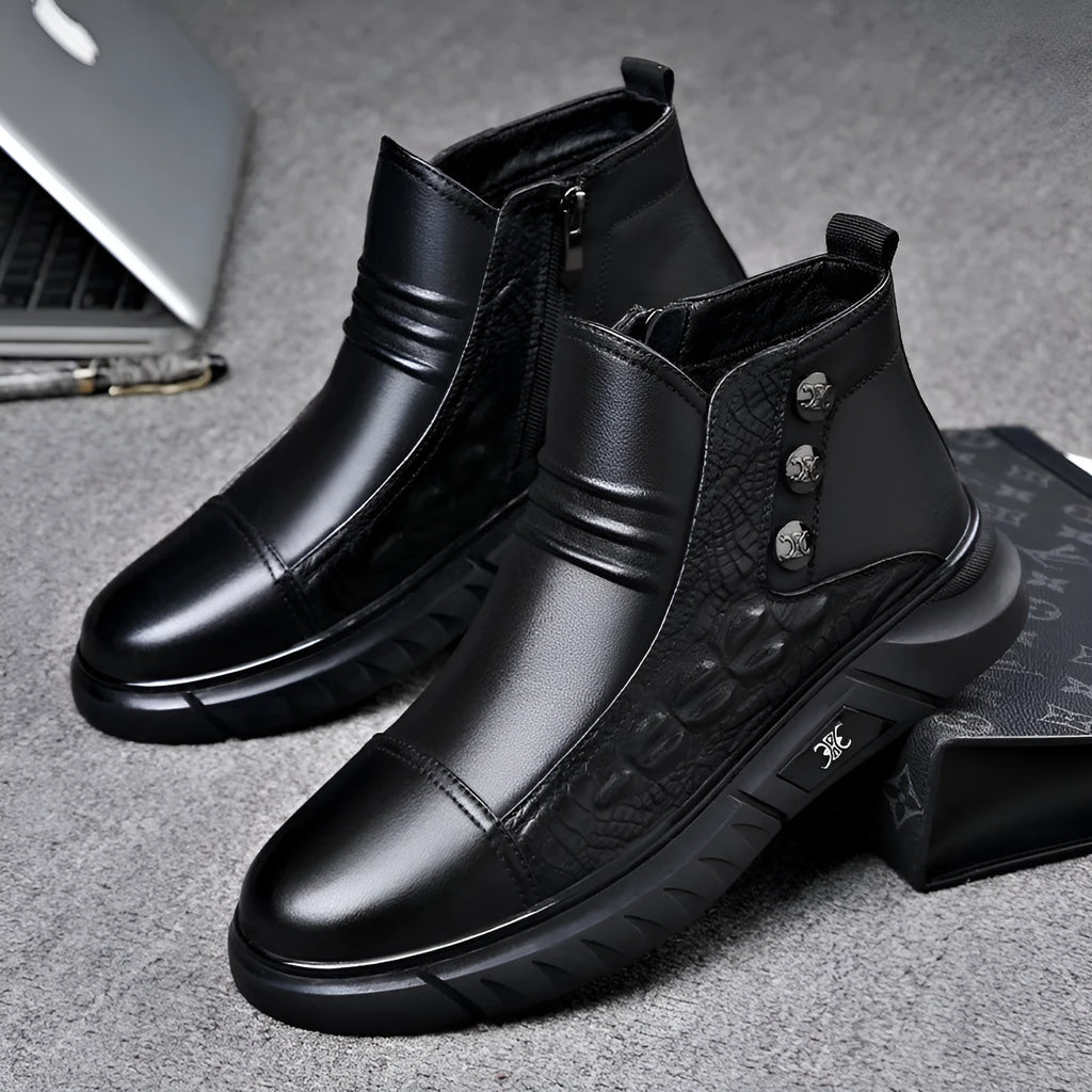 Men's genuine leather worker boots in black with round toe, warm lining, and non-slip sole
