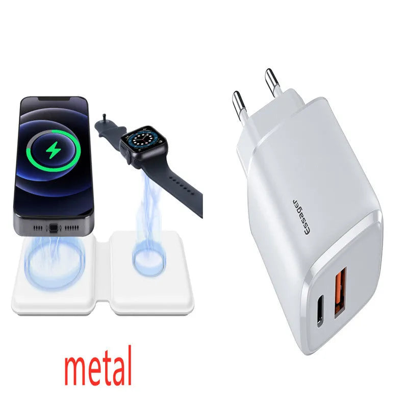 White foldable magnetic wireless charger showing 180° positioning with dual charging surfaces