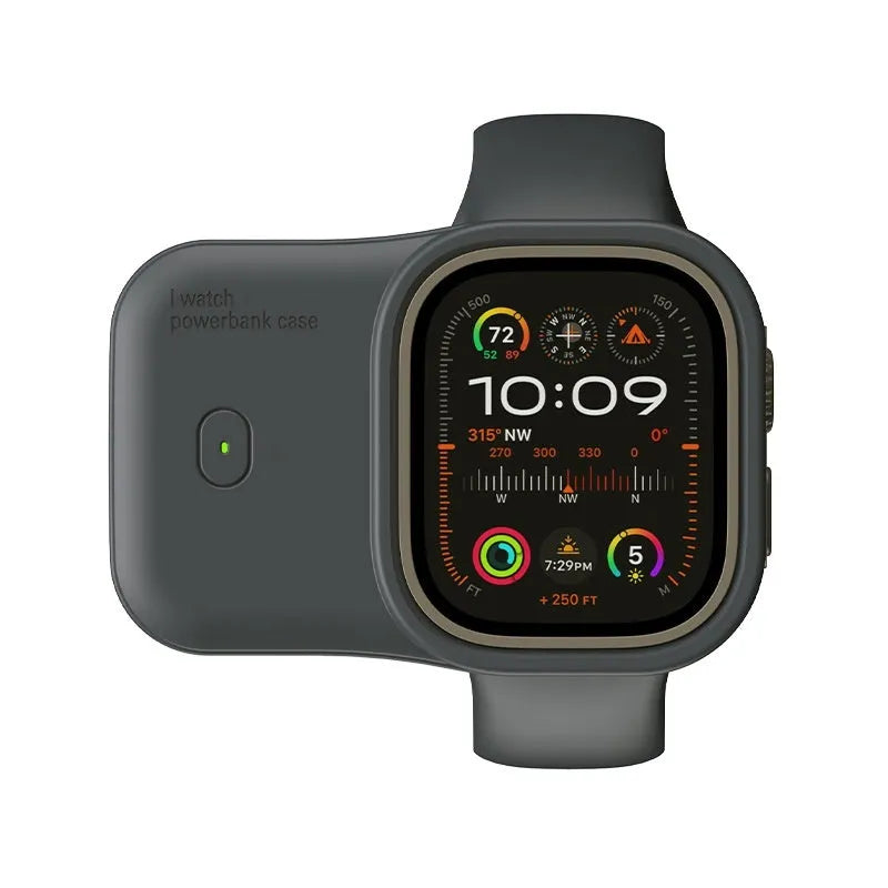 Portable Apple Watch charging case power bank with silicone sleeve in brown, blue, and starlight colours
