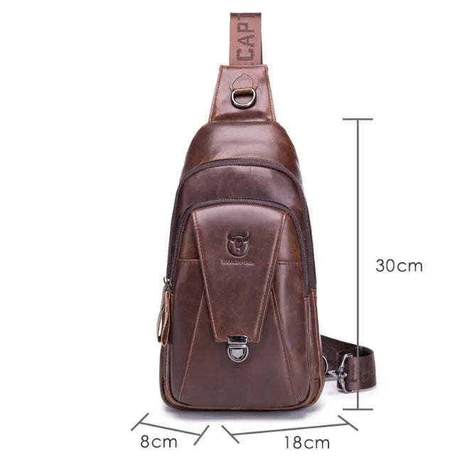 Men genuine brown leather crossbody bag with flap and clasp, 18x8x30cm, on model