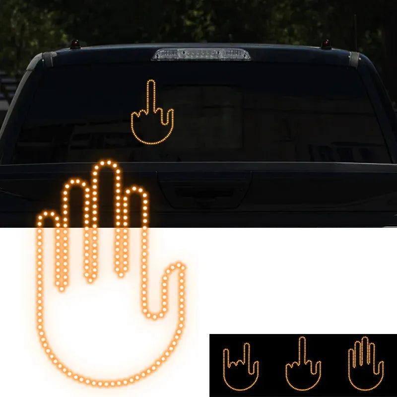 Black plastic LED car gesture light showing middle finger gesture with remote control