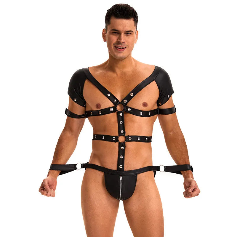 Men's black imitation leather bodysuit, three-point low cut uniform style, sizes M to XXL