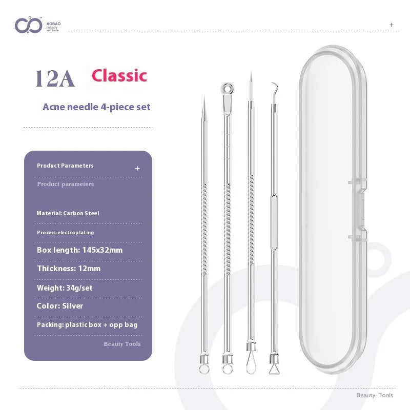 Four metal acne needle tools with pointed tips on a white background.