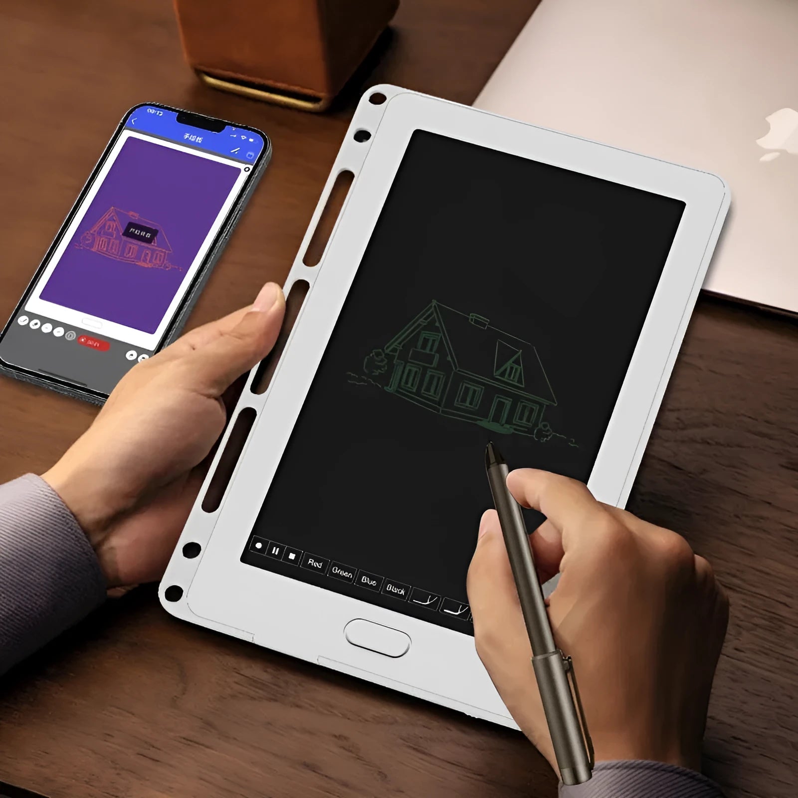 85-inch electronic writing pad with stitching appearance design in dark blue colour with smart pen
