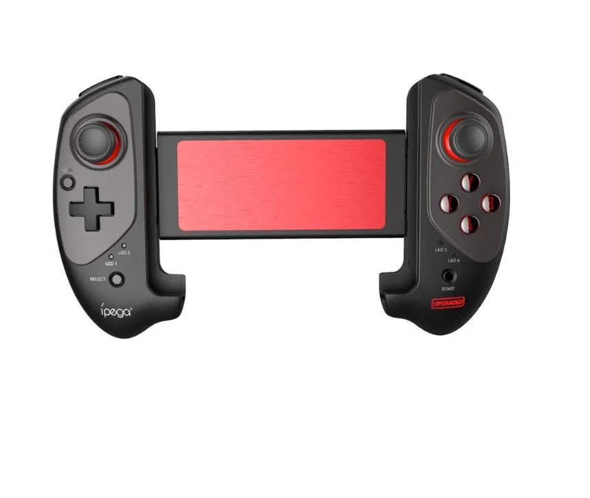Black wireless Bluetooth controller with telescopic stand extended holding a smartphone in landscape orientation