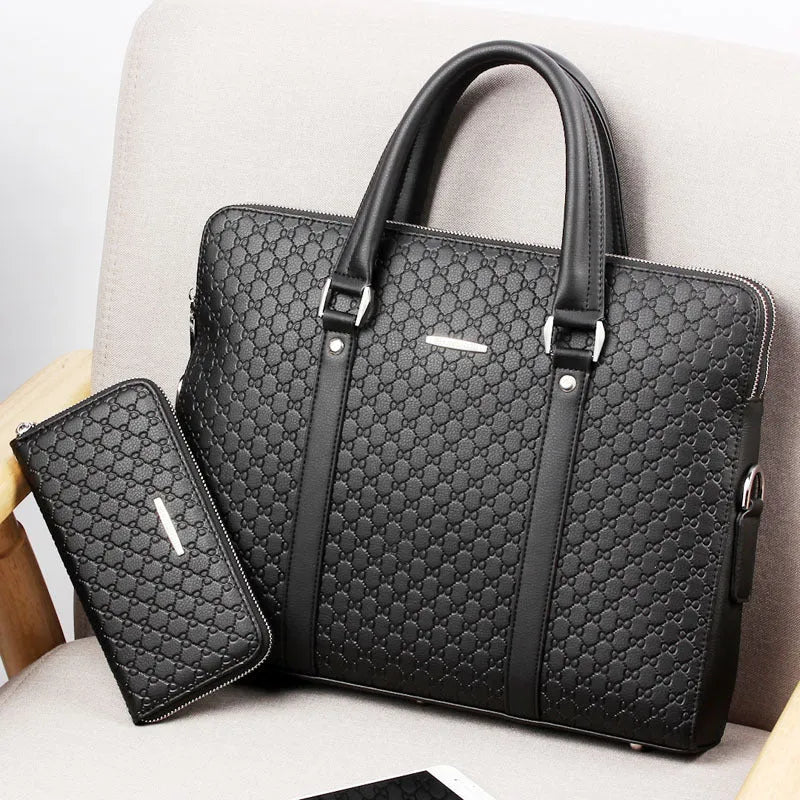Men's business briefcase in black synthetic leather with detachable strap and 14 inch notebook compartment
