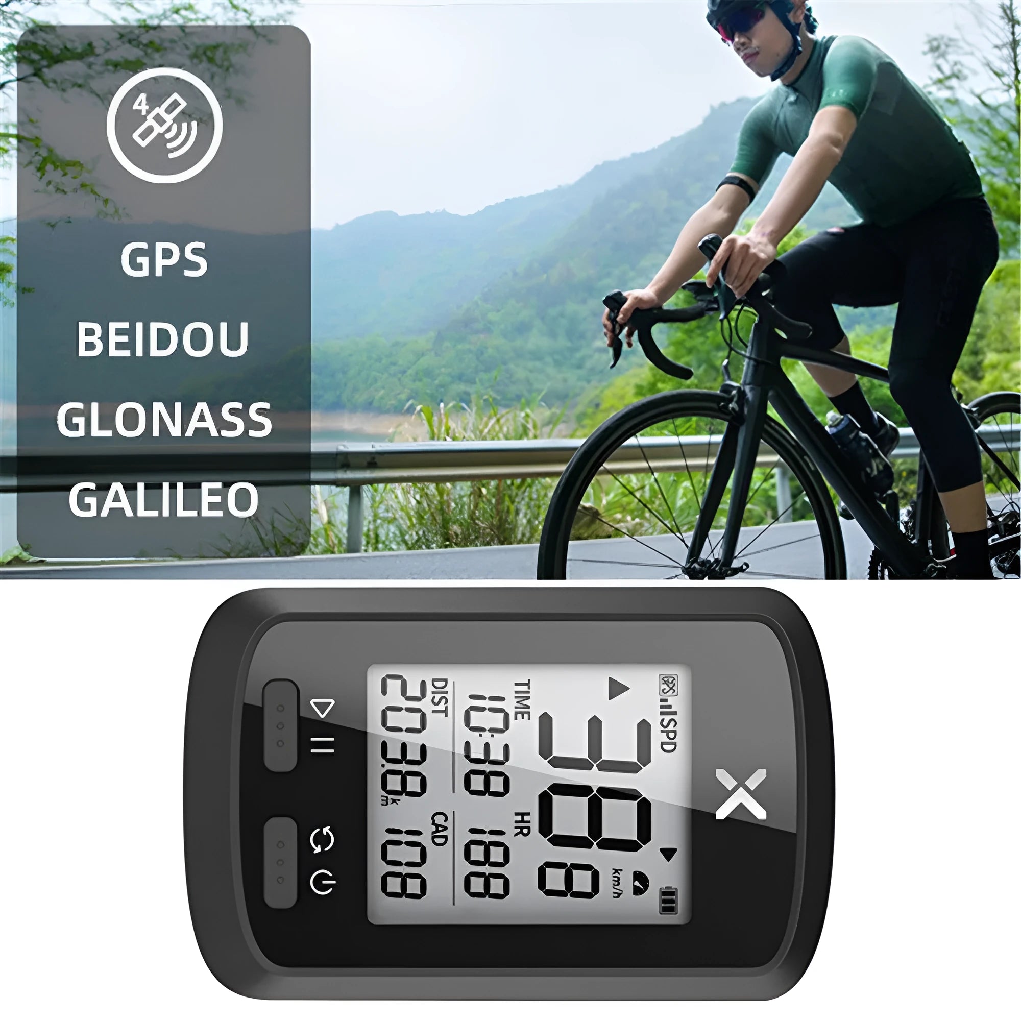 Black waterproof bicycle stopwatch with large LCD display mounted on bike handlebars