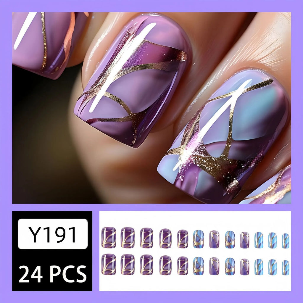 Purple striped nail stickers with European and American style design on medium-length nails