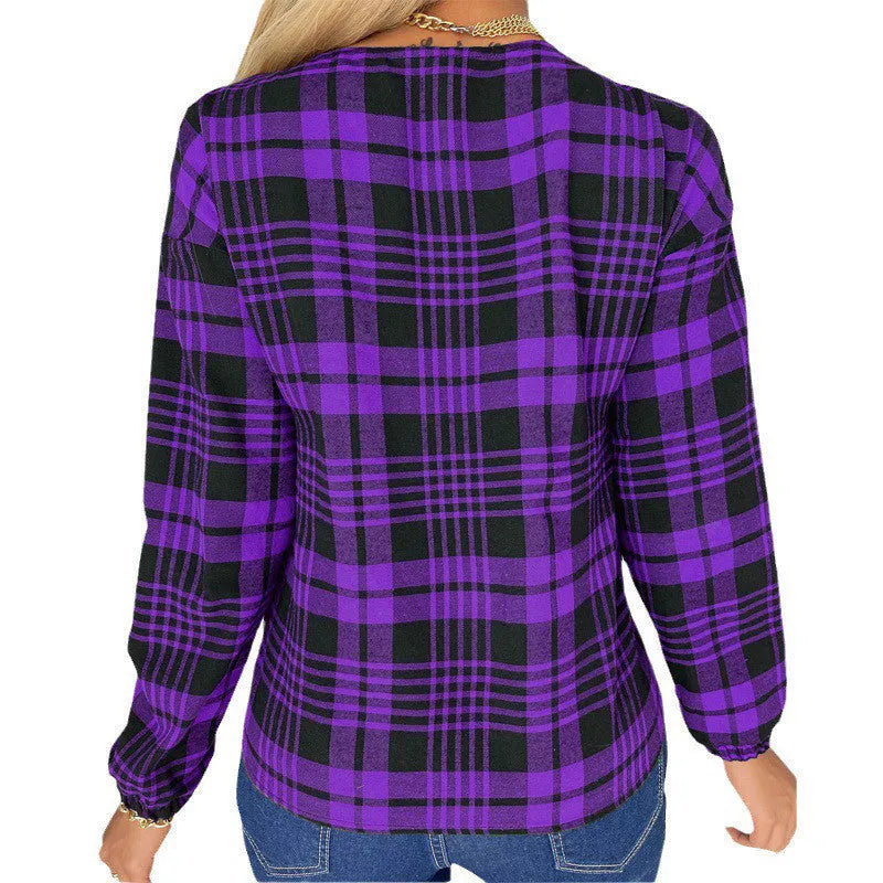 Women's purple grey red plaid loose fit shirt with regular sleeves in polyester fabric