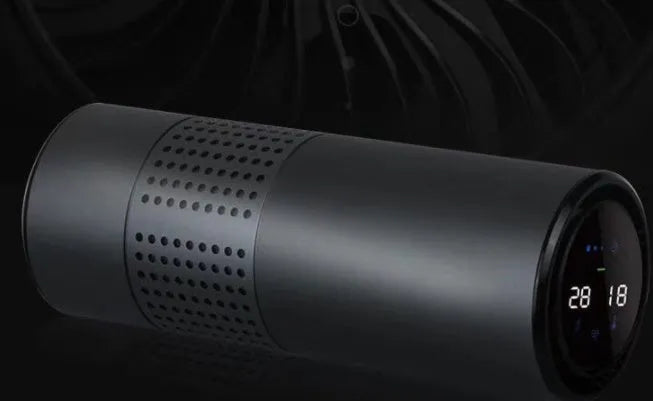 A7 model aluminium alloy car air purifier with display showing air quality, USB cable, and infrared sensor for gesture control.