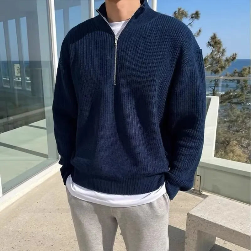 Men's loose fit half zip cardigan in black with long sleeves and pullover style