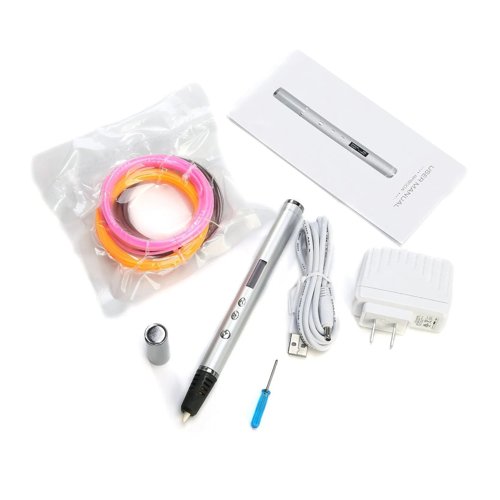 3D printing pen in hand drawing a spiral object with black filament