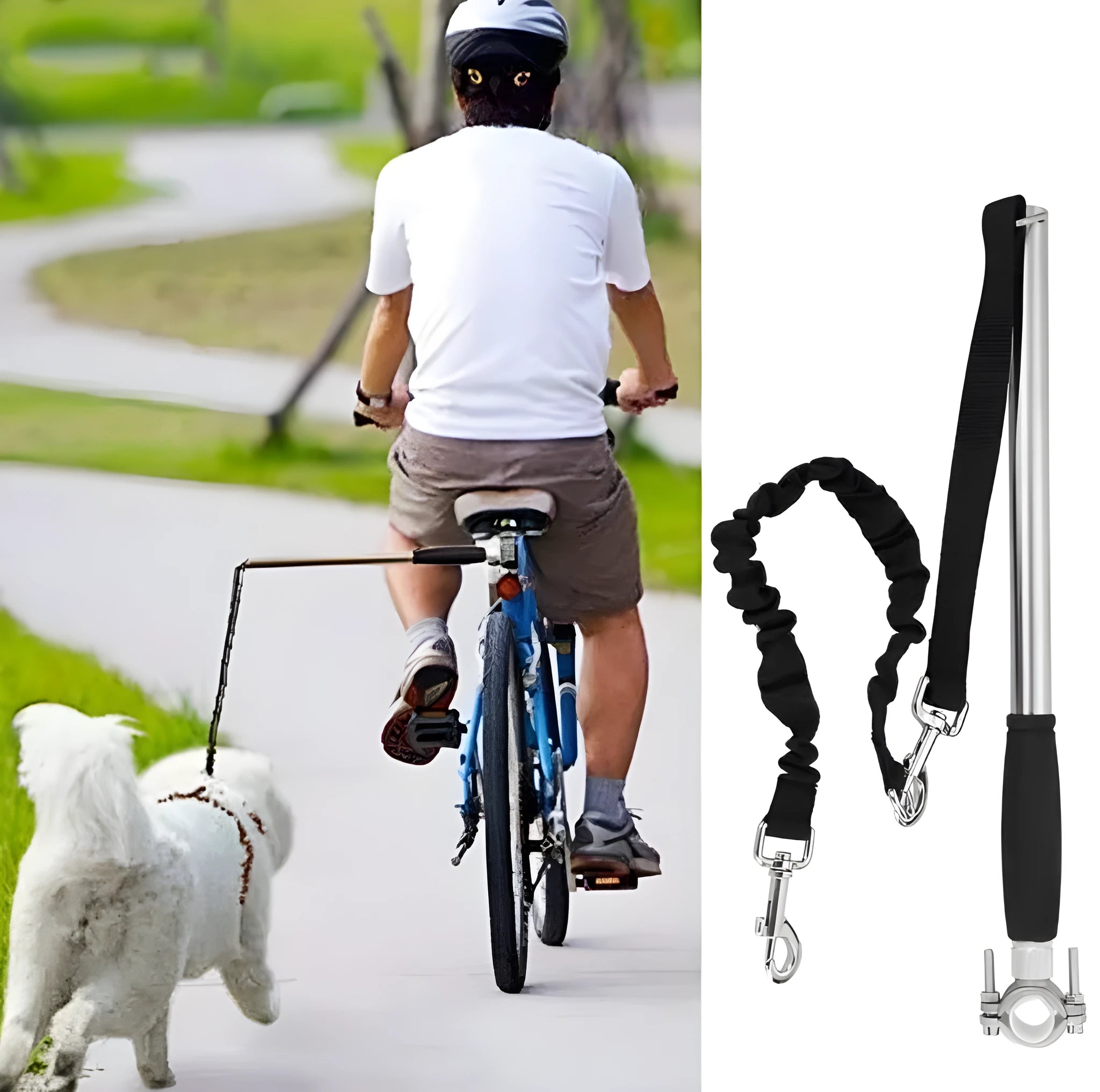 Bicycle walking dog leash stainless steel 46x2.2cm in silver attached to bike