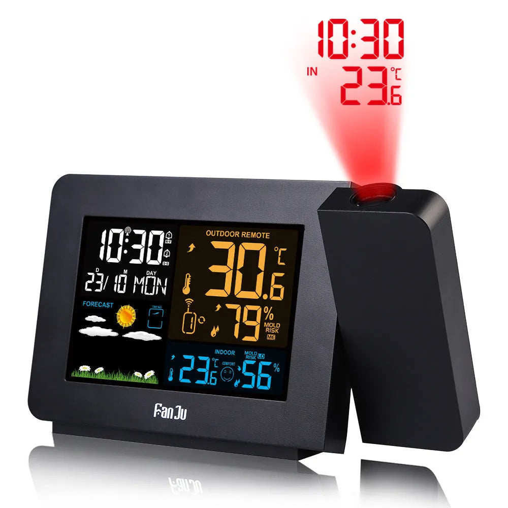 Multifunctional projection alarm clock showing time and temperature, with outdoor sensor and adapter.