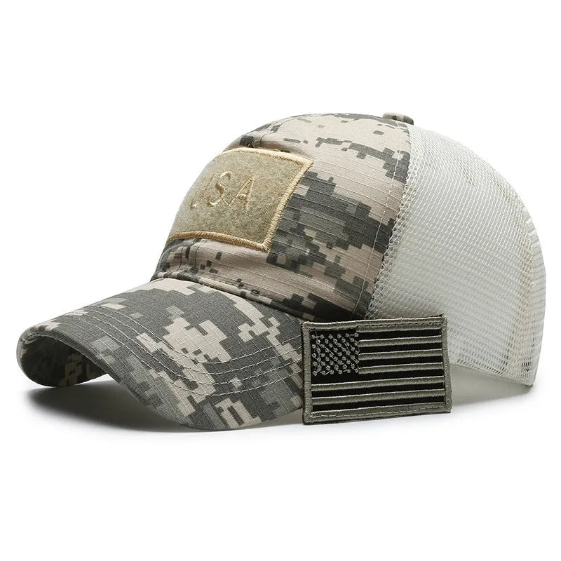 Tactical camouflage baseball cap with dome crown and adjustable Velcro closure