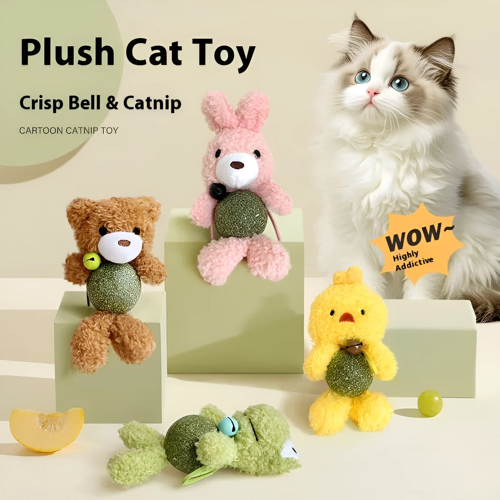 Plush catnip ball toy with bell in brown bear design, showing 15cm height with attached catnip ball