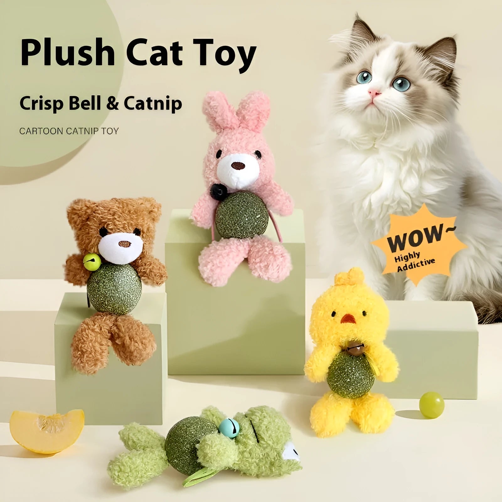 Plush catnip ball toy with bell in brown bear design, showing 15cm height with attached catnip ball