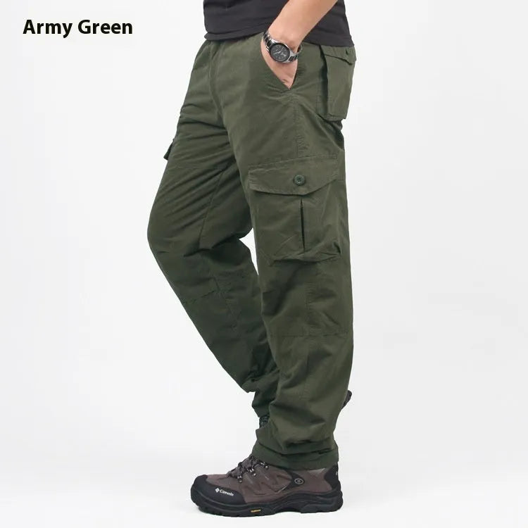 Men's cotton overalls with velvet lining in Army Green colour showing loose-fit straight-leg design
