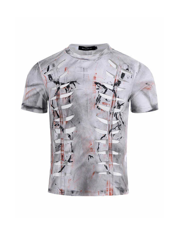 White men's cotton t-shirt with hollow-out cut design on chest, showing short sleeves and round neck.