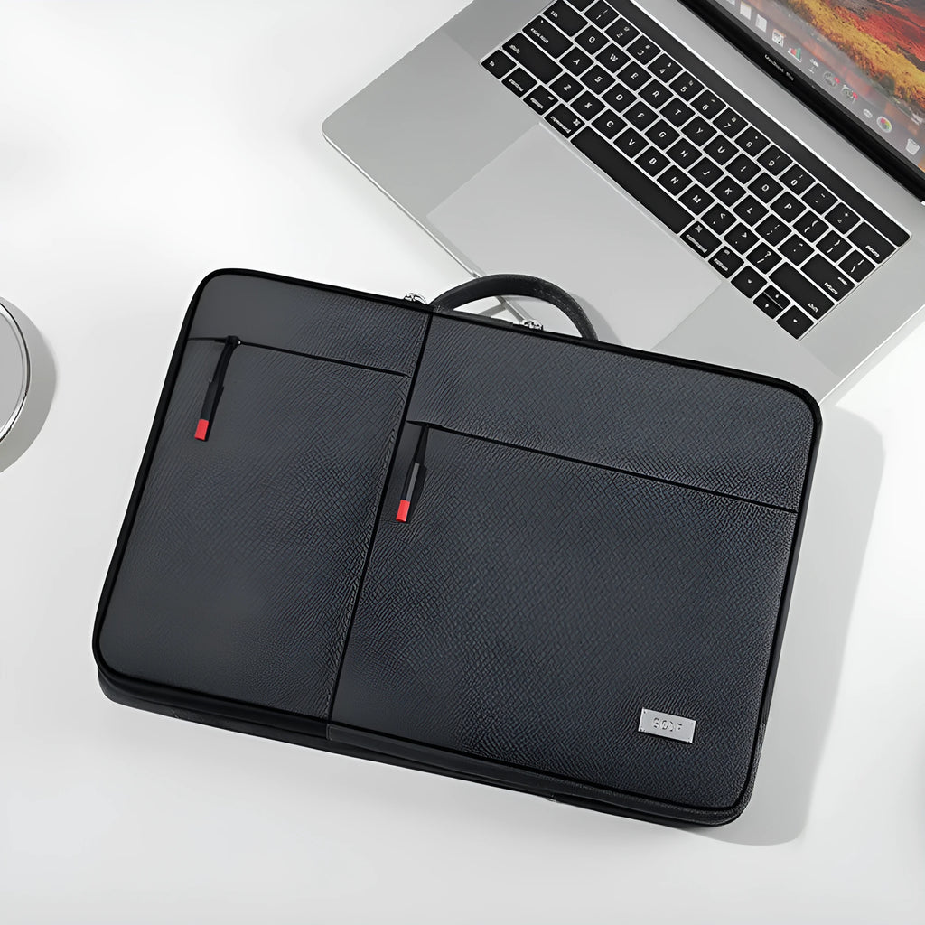 Men's 14-inch laptop sleeve in dark gray Oxford fabric with shoulder strap