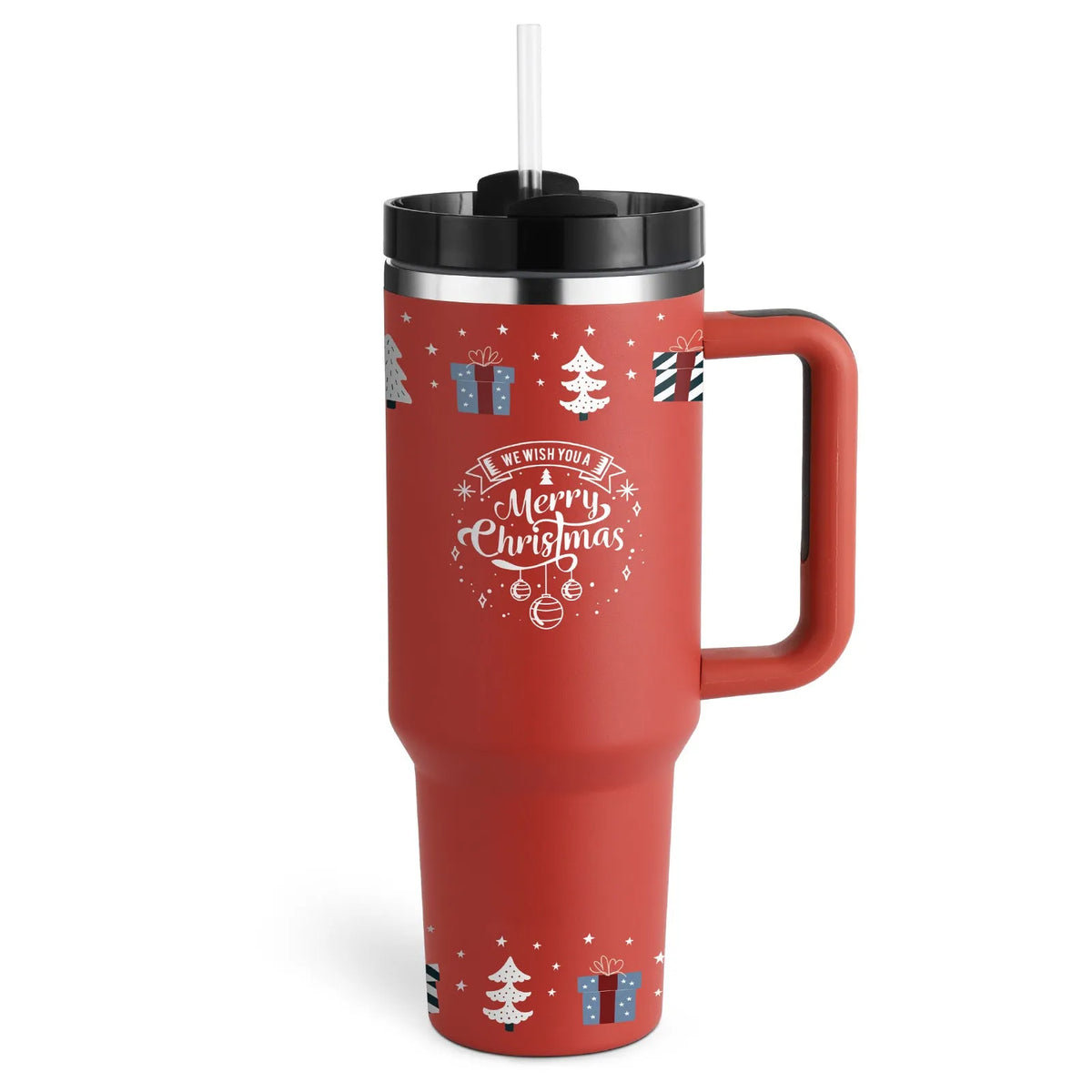 40 oz insulated stainless steel tumbler with handle straw and spill proof lid in a tapered design for car or gym use