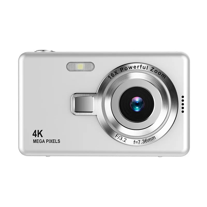 Mini digital camera for children, 80x46x45mm ABS plastic body, available in HD White, HD Black, HD Gray, and HD Silver.