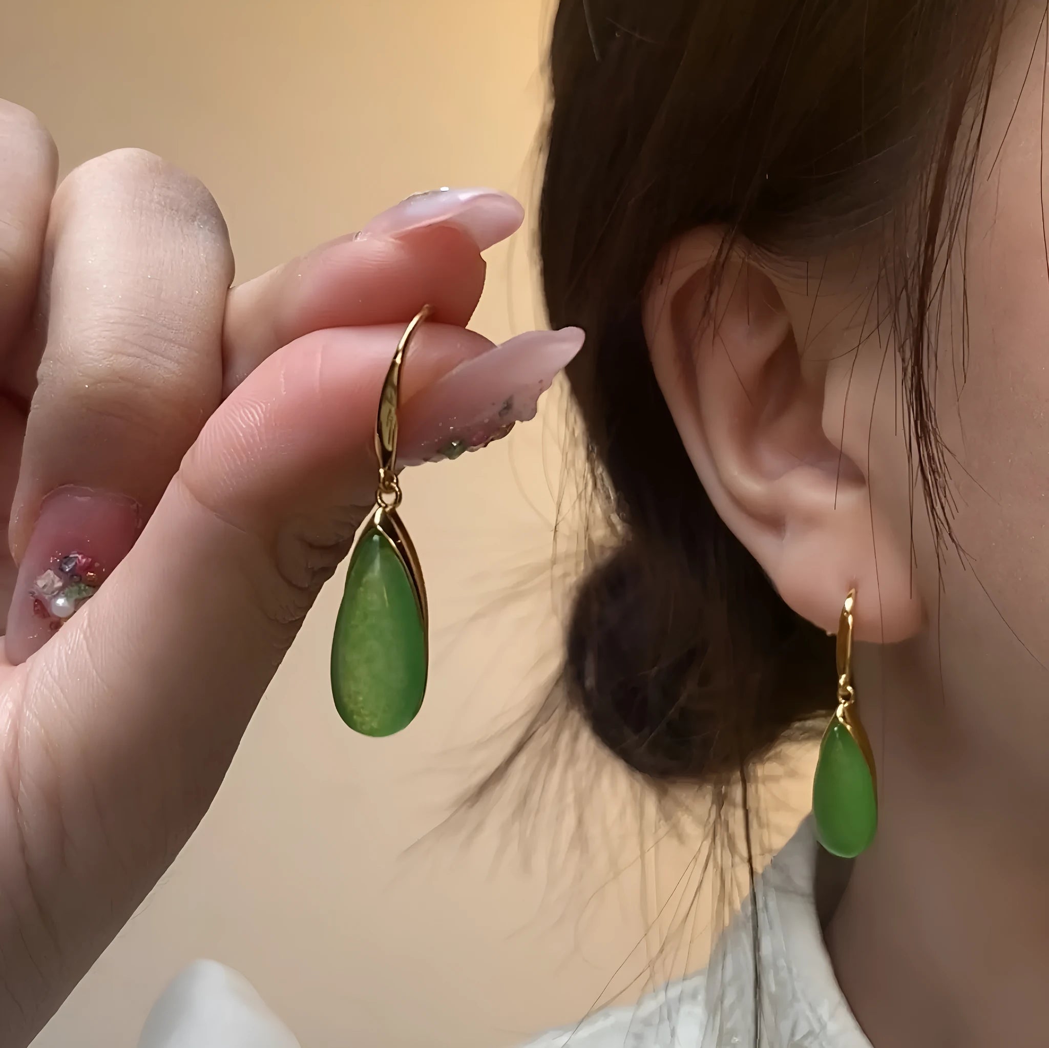 Geometric copper earrings with water droplet design in CP798 jade colour, Chinese retro style.