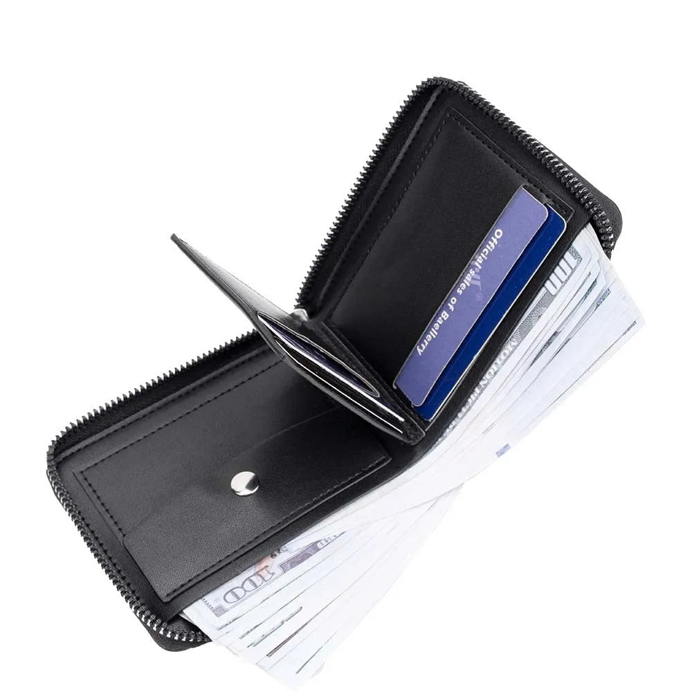 Black PU leather credit card wallet with zipper closure and embossed pattern detailing