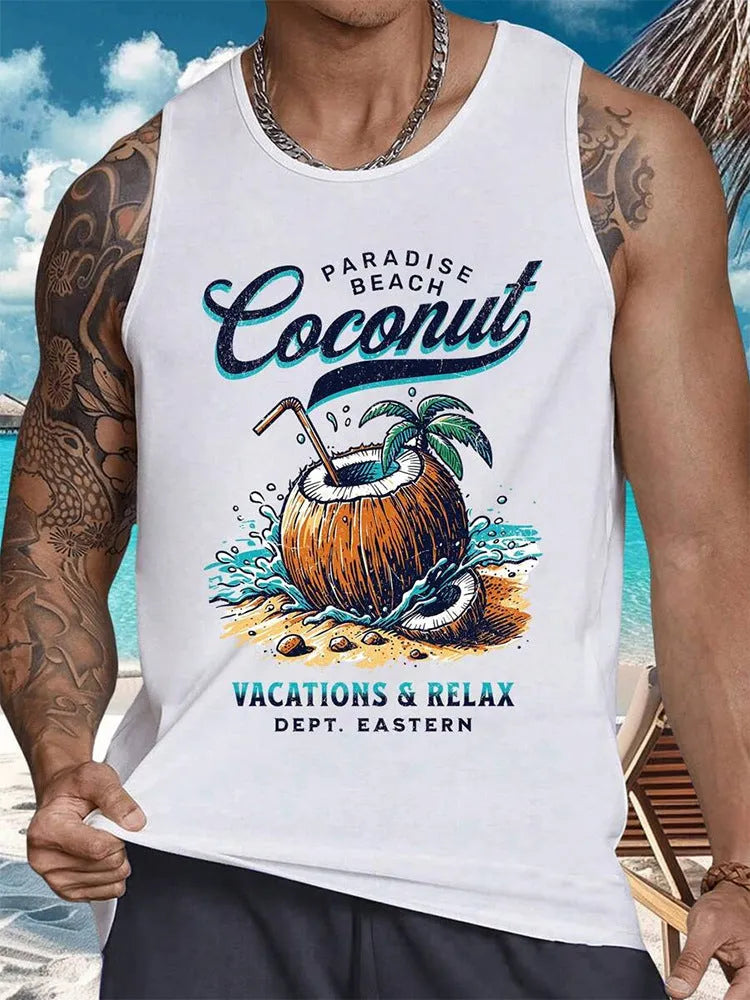 Man wearing a solid-colour 3D printed sleeveless vest in a Hawaiian style.