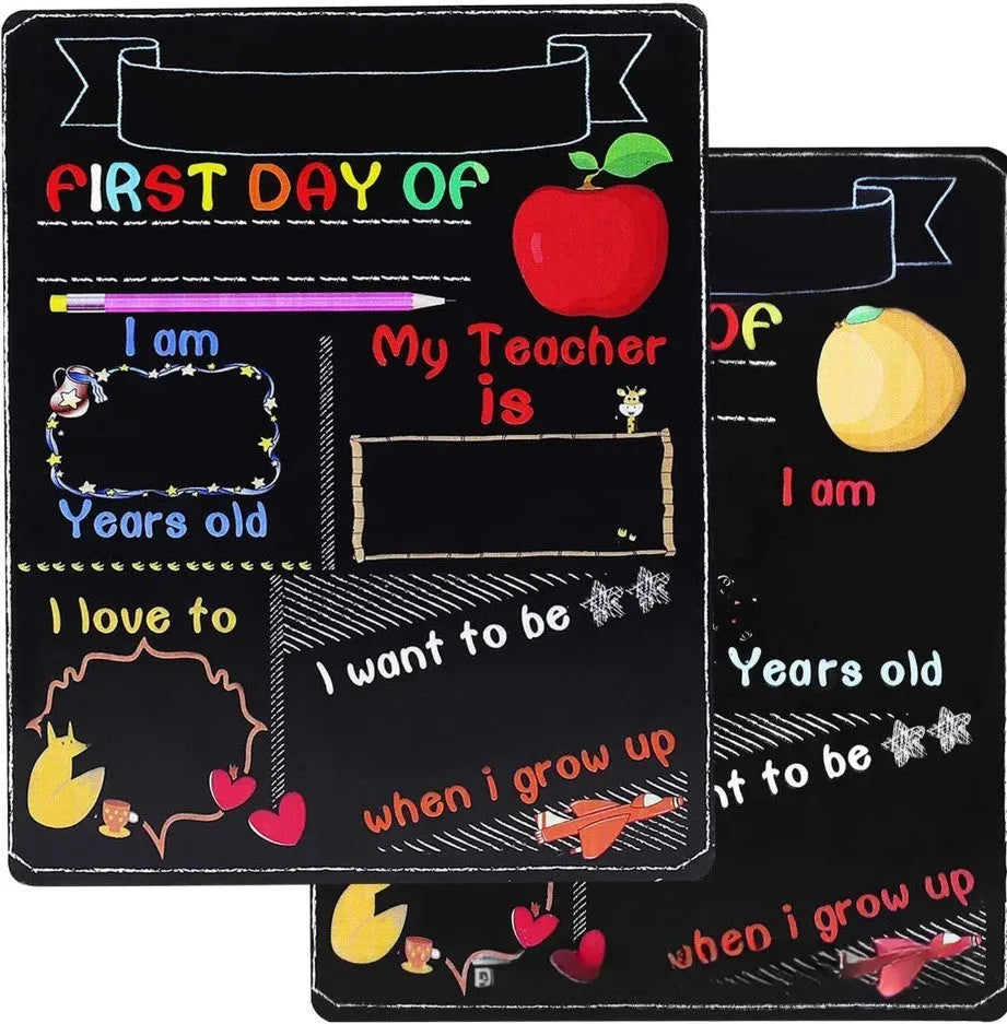 Black wooden First Day of School blackboard sign measuring 255mm by 300mm