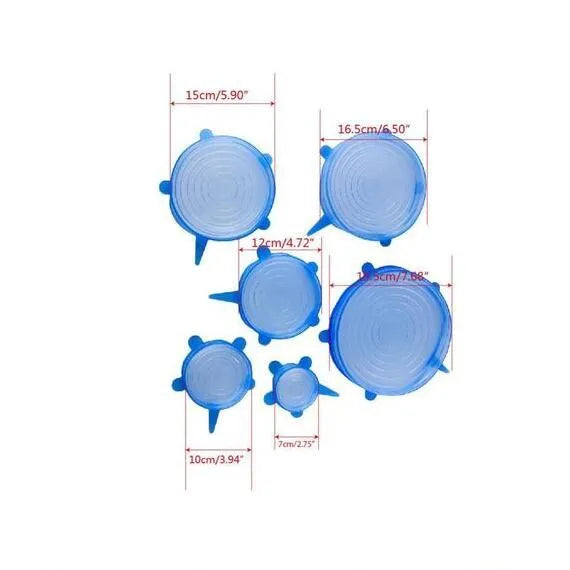 Scute Lids reusable silicone stretch lids in round and square shapes, various sizes and colours including blue, green, pink, white and yellow.