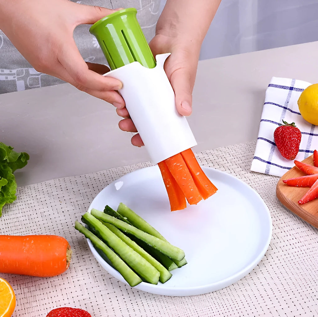 White cucumber slicer tool with 6 stainless steel blades and compact 104x107mm design