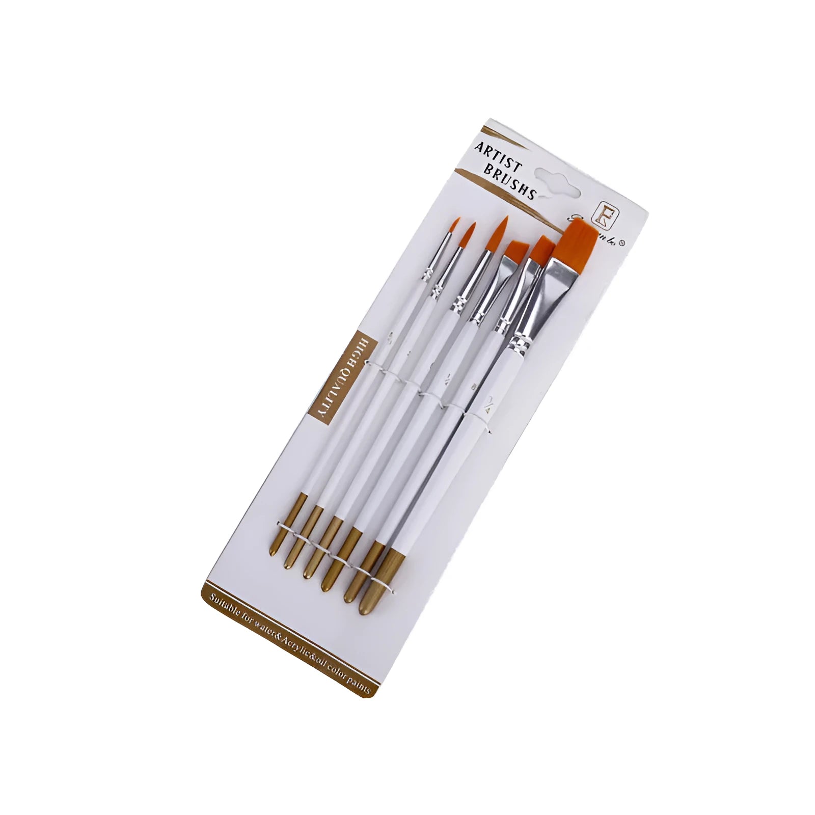 Set of six watercolour acrylic brushes with wooden handles, showing different brush sizes from small to large.