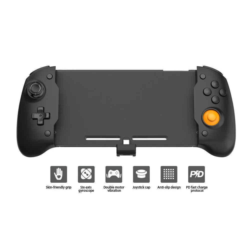 Black and white portable gamepad handle for Nintendo Switch console with integrated charging port.