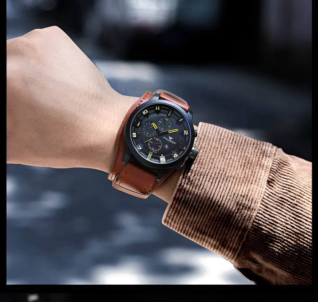 Casual quartz watch with 40.5mm dial, nubuck leather strap, and synthetic sapphire glass showing perspective window detail