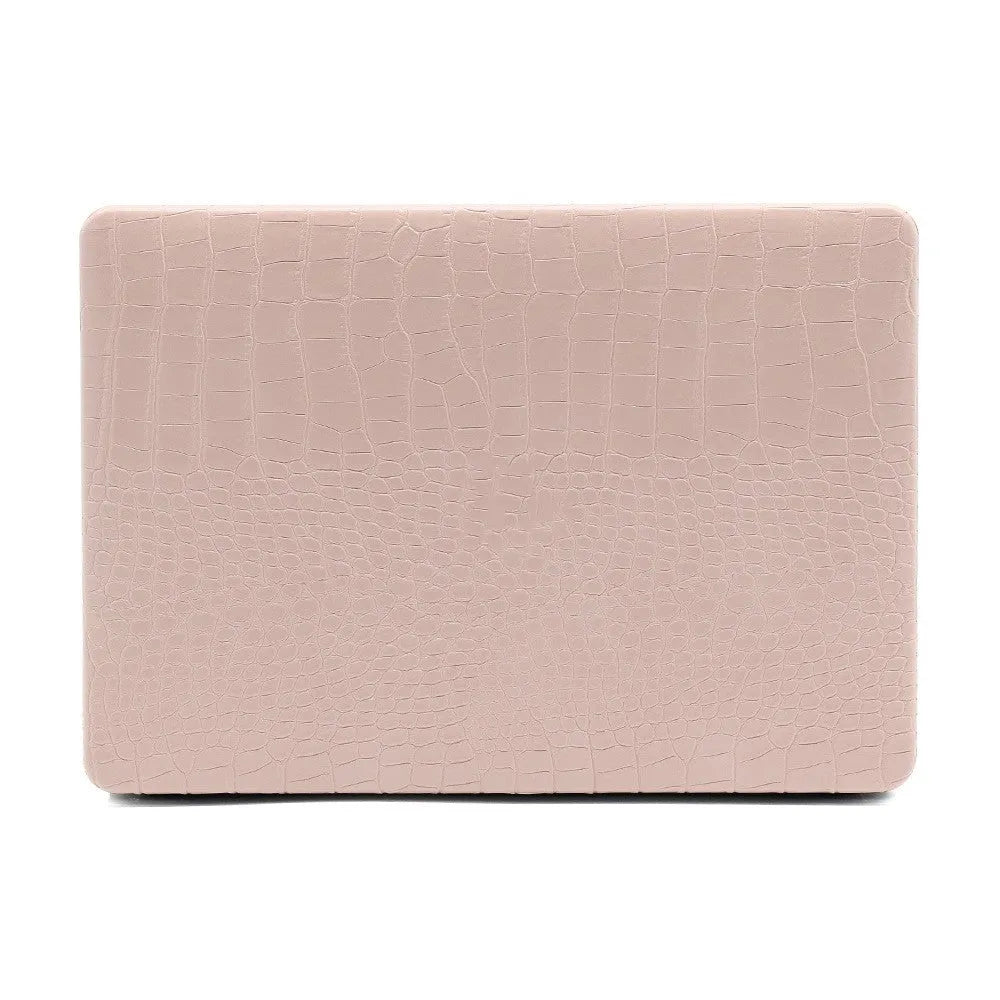 Crocodile pattern laptop protective case for MacBook Pro and Air in black, white or soft pink with hollow Apple logo.