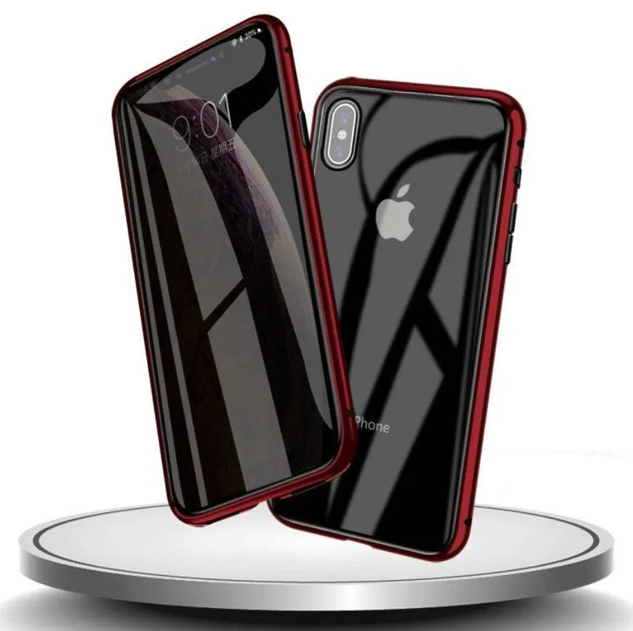 Geometric patterned glass clamshell case for iPhone in multiple colour options on a dark surface.