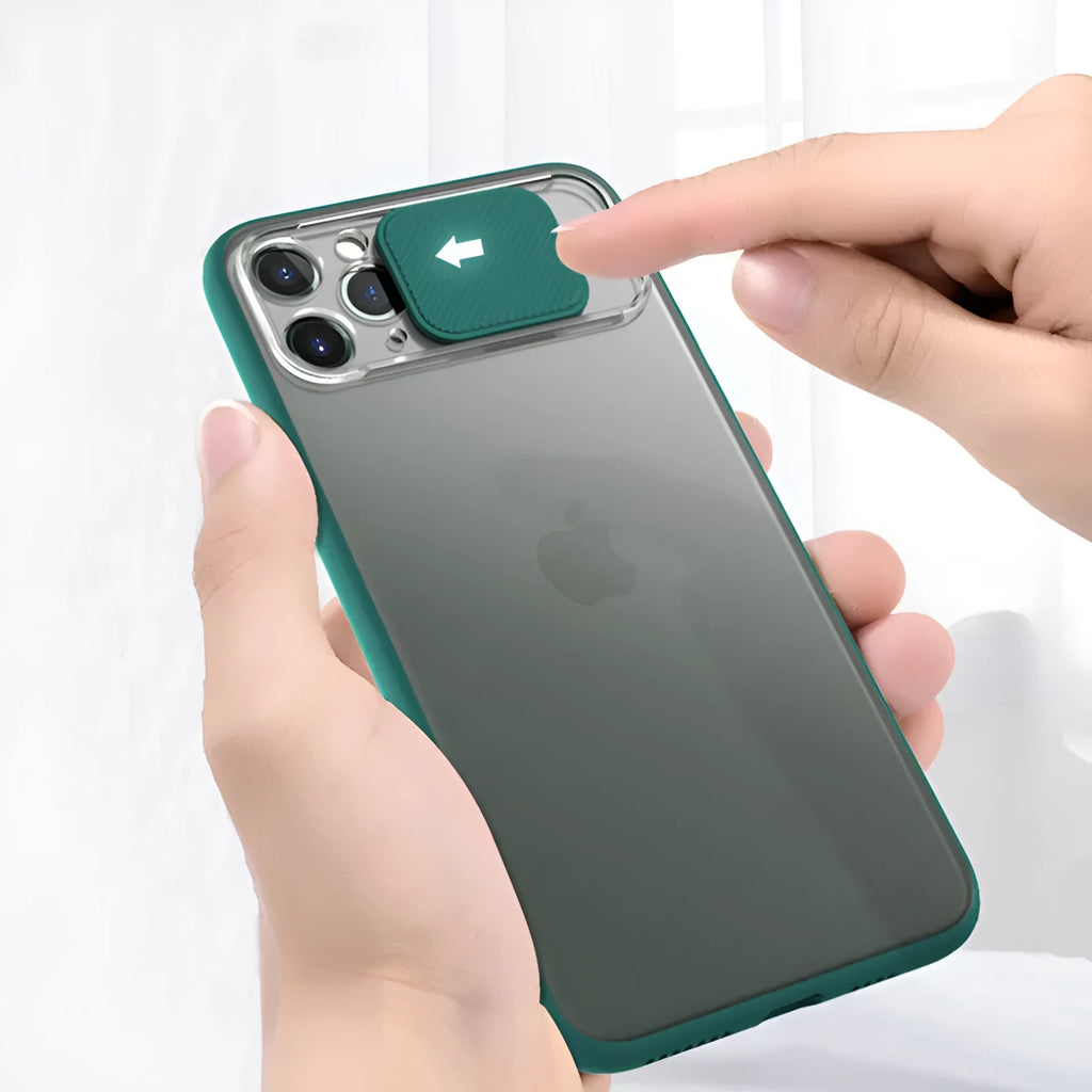 A lens sliding phone case for iPhone showing colour options: Black, Green, Pink, Purple, and Red.