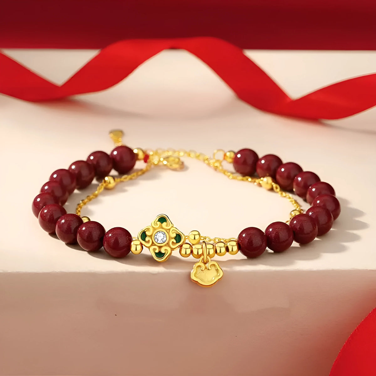 925 silver women's bracelet with geometric shape and cinnabar flower accent