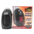 Black compact ceramic electric heater with digital display and rotating three-prong plug on a white background.